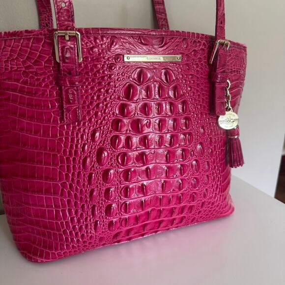 Brahmin Hot Pink Medium Asher Zip Top Tote Bag Embossed Leather Purse - Picture 2 of 16